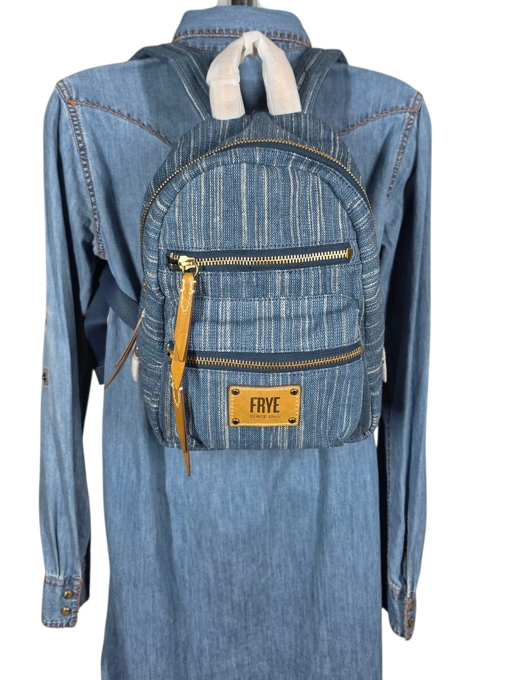 FRYE Small Striped Denim Backpack in Blue with Leather Tan Accents